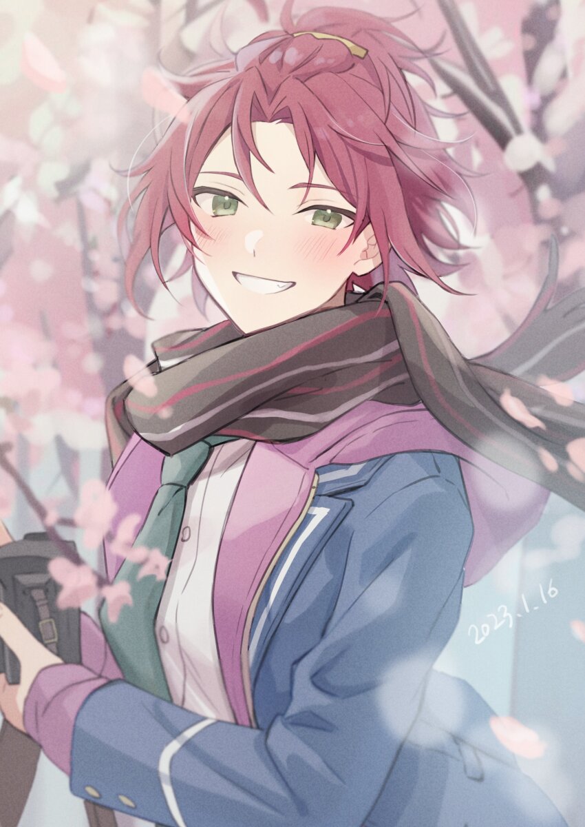 1boy absurdres bangs_pinned_back black_scarf blue_jacket blurry blurry_foreground bokeh camera dated depth_of_field ensemble_stars! falling_petals green_eyes green_necktie highres holding holding_camera hood hoodie isara_mao jacket looking_at_viewer male_focus necktie official_alternate_costume open_clothes open_jacket petals pink_petals purple_hoodie red_hair reijiro scarf school_uniform smile solo