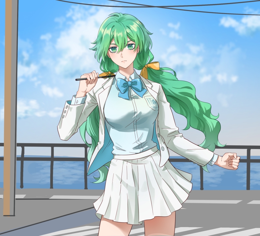 1girl bleach bleach:_sennen_kessen-hen blue_ribbon blue_sky breasts closed_mouth cloud deadman70232800 espada female_focus green_eyes green_hair highres jacket long_hair looking_at_viewer medium_breasts nelliel_tu_odelschwanck official_alternate_costume outdoors ribbon school_uniform skirt sky solo solo_focus standing