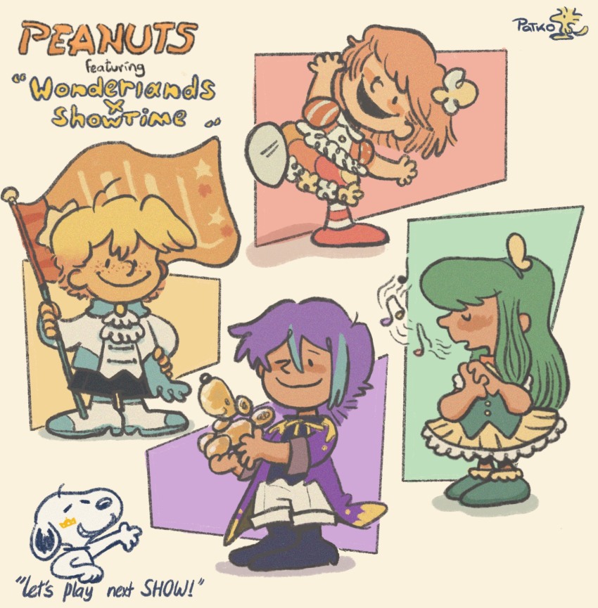 2boys 2girls aqua_hair beamed_eighth_notes blonde_hair coat copyright_name eighth_note english_text flag freckles green_hair highres holding holding_flag kamishiro_rui kusanagi_nene long_sleeves multicolored_hair multiple_boys multiple_girls music musical_note ootori_emu parody patk_o0 peanuts_(comic) pink_hair project_sekai purple_coat purple_hair shorts singing snoopy streaked_hair style_parody tenma_tsukasa white_shorts wonderlands_x_showtime_(project_sekai) woodstock