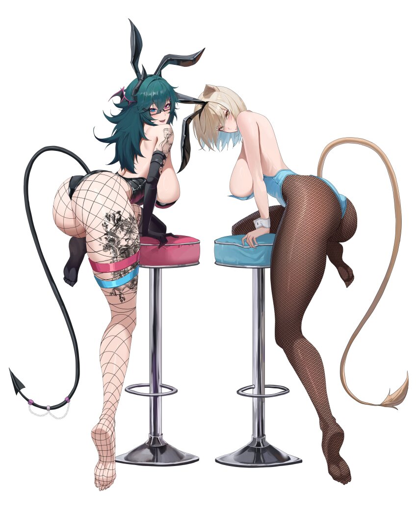 2girls absurdres animal_ears arm_tattoo aruna_reaver ass black_gloves black_horns black_leotard blonde_hair blue_eyes blue_leotard breasts demon_horns demon_tail elbow_gloves fake_animal_ears feet fishnet_pantyhose fishnets gloves green_hair hair_between_eyes hair_ornament hairclip hazumi_aileen head_wings highres horns indie_virtual_youtuber large_breasts leg_tattoo leotard lion_ears lion_girl lion_tail long_hair looking_back multiple_girls pantyhose playboy_bunny purple_eyes rabbit_ears rasipan second-party_source semi-rimless_eyewear single_thighhigh smile snake_tattoo stool strapless strapless_leotard tail tail_ornament tattoo thigh_strap thighhighs thighhighs_over_pantyhose virtual_youtuber wings yellow_eyes