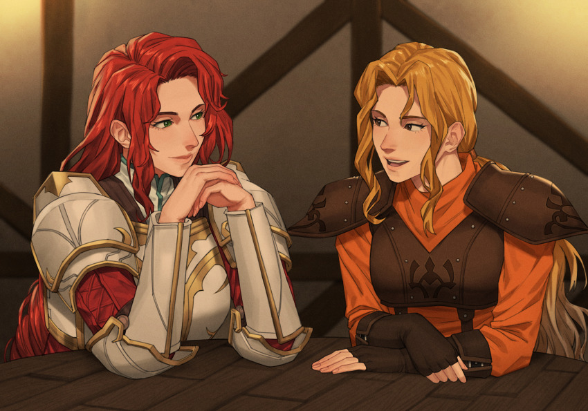 2girls absurdres armor arms_on_table blonde_hair breasts breikka commission elbows_on_table eyvel fire_emblem fire_emblem:_path_of_radiance fire_emblem:_radiant_dawn fire_emblem:_thracia_776 highres indoors large_breasts long_hair looking_at_another multiple_girls nintendo open_mouth pauldrons ponytail red_hair second-party_source shoulder_armor smile talking titania_(fire_emblem)