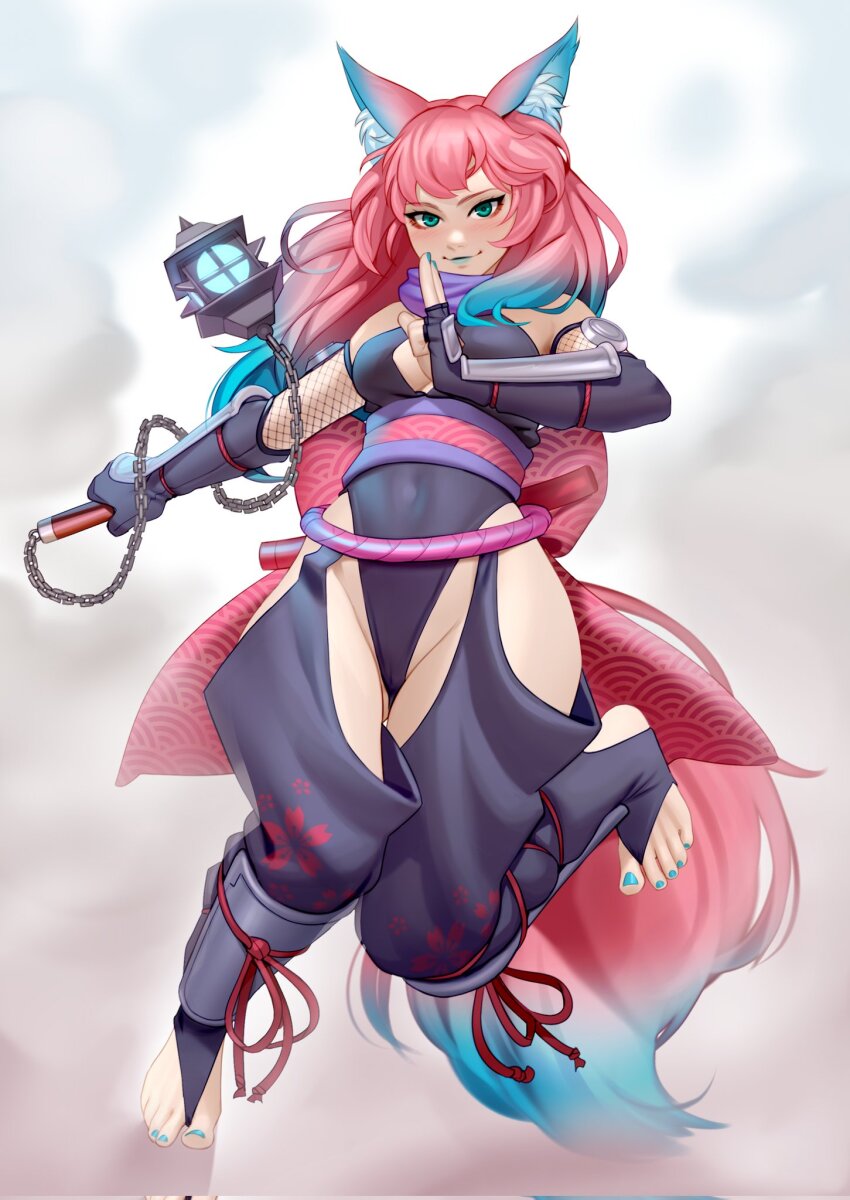 1girl animal_ear_fluff animal_ears arm_guards atelier951 black_gloves black_leotard blue_hair blue_light blue_lips blue_nails blush breasts closed_mouth commission corrupted_twitter_file crotchless elbow_gloves feet fingerless_gloves fishnets flail fox_ears fox_girl fox_tail full_body gloves glowing glowing_weapon gradient_hair green_eyes groin highleg highleg_leotard highres hip_vent kairunoburogu kuji-in lantern leotard long_hair looking_at_viewer medium_breasts multicolored_hair nail_polish ninja original pink_hair purple_scarf sash saya_(atelier951) scarf shadow shin_guards simple_background smoke solo standing standing_on_one_leg stirrup_legwear tail toeless_legwear toenail_polish toenails toes two-tone_hair variant_set weapon white_background