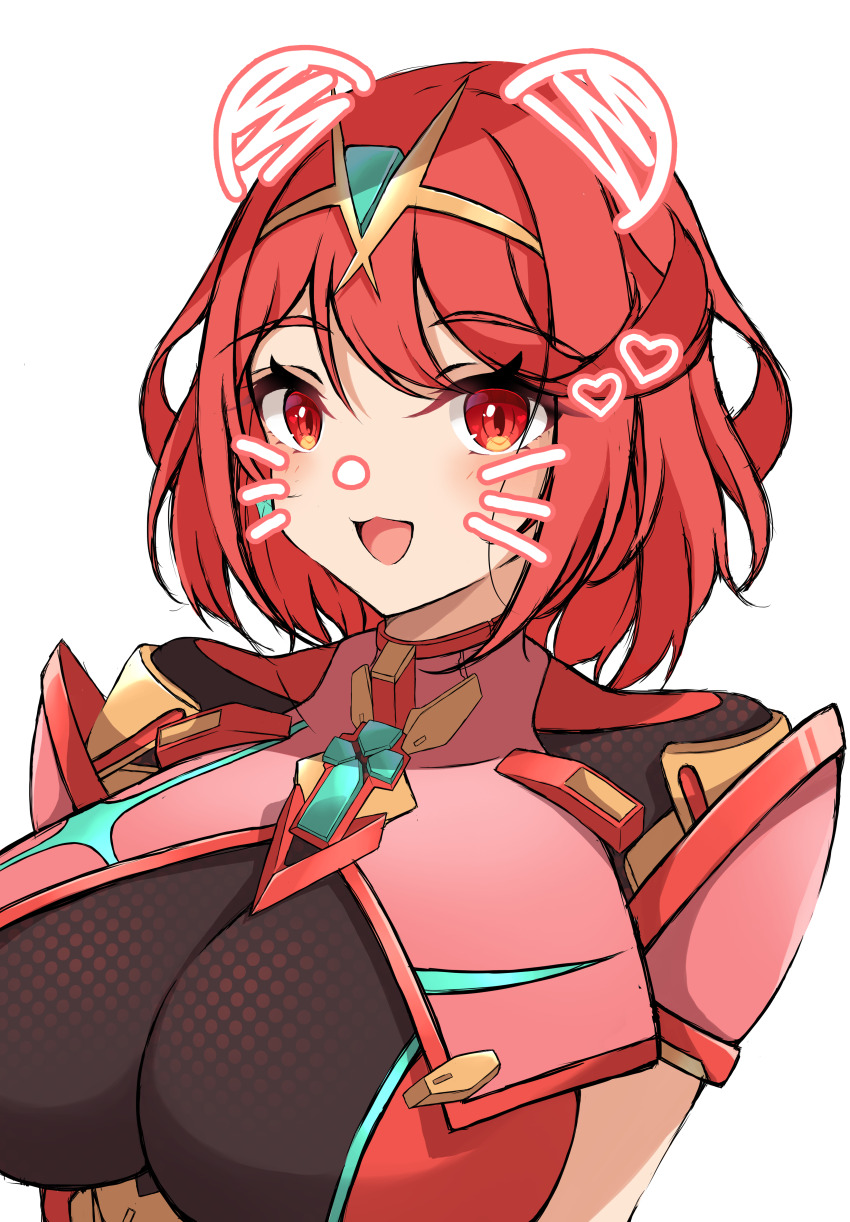 1girl :d absurdres animal_ears breasts circlet core_crystal_(xenoblade) dog_ears earrings fake_animal_ears fake_whiskers heart highres jewelry large_breasts looking_at_viewer medium_hair mikan_(mika_n95) open_mouth pyra_(xenoblade) red_eyes red_hair short_sleeves simple_background smile solo swept_bangs upper_body white_background xenoblade_chronicles_(series) xenoblade_chronicles_2