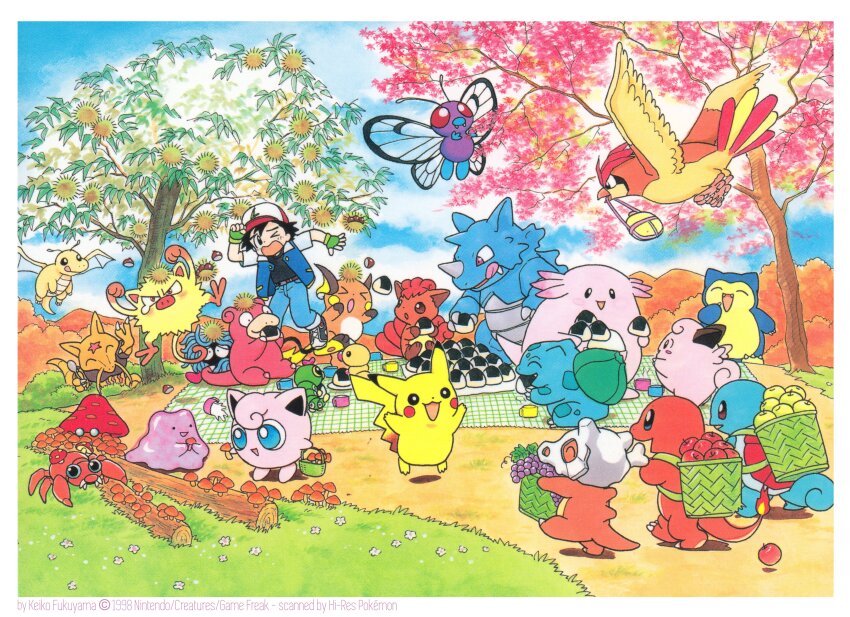&gt;_&lt; 1998 :q absurdres apple ash_ketchum basket bulbasaur butterfree canteen caterpie chansey charmander chestnut clefairy cubone cup dated ditto dragonite eating flower food fruit fukuyama_keiko game_freak gen_1_pokemon grapes happy highres holding holding_food holding_spoon jigglypuff kadabra log mankey mouth_hold mushroom nintendo official_art onigiri outdoors paras parasect path picnic picnic_blanket pidgeotto pikachu pokemon pokemon_(anime) pokemon_(classic_anime) pokemon_(creature) raichu rhydon road slowpoke snorlax spill spoon squirtle tangela tearing_up third-party_source tongue tongue_out tree vulpix