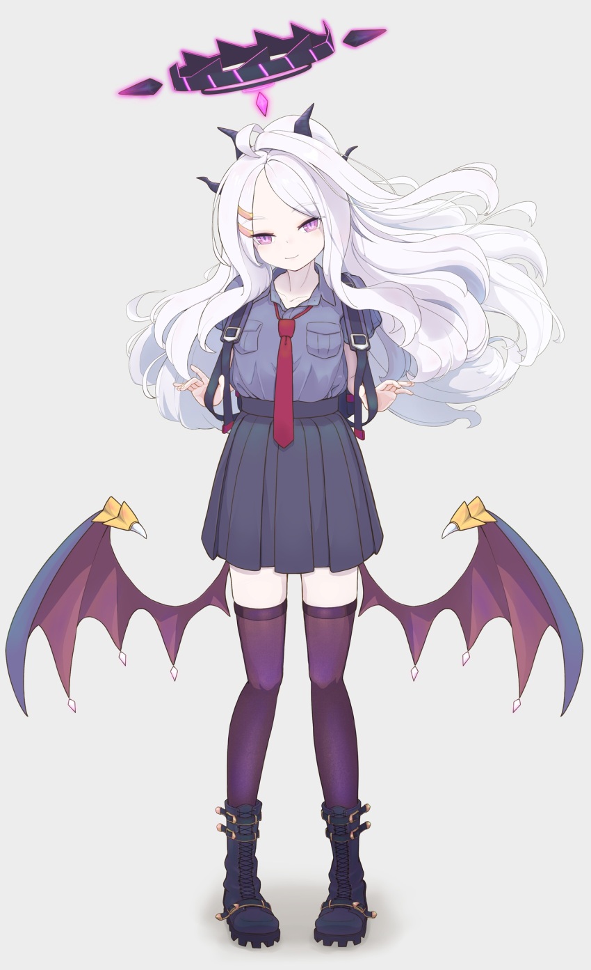 1girl absurdres ahoge bag black_halo black_skirt black_thighhighs blue_archive blush breasts demon_girl demon_horns demon_wings full_body halo highres hina_(blue_archive) holding holding_bag horns long_hair looking_at_viewer necktie noshiro_pixv purple_eyes school_uniform skirt small_breasts solo standing thighhighs thighs white_hair wings