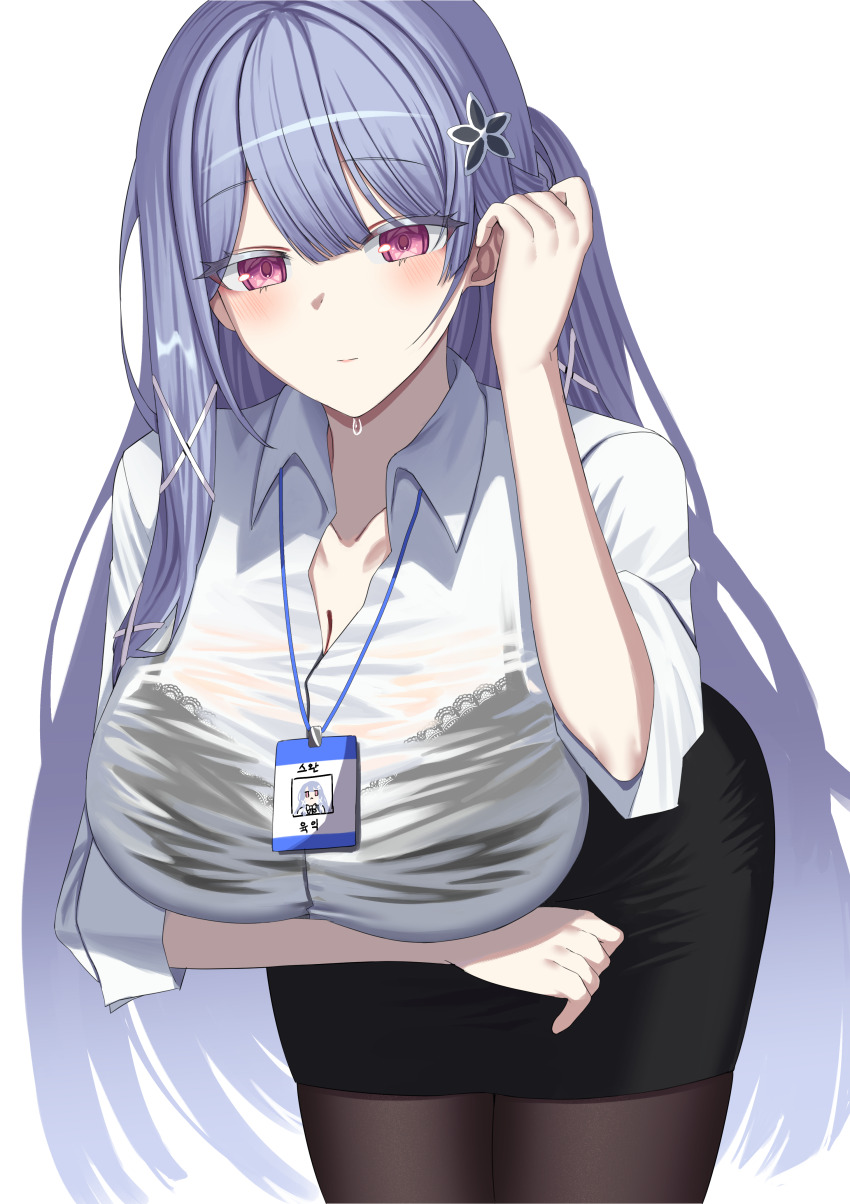 1girl absurdres adjusting_hair arm_under_breasts black_bra black_pantyhose black_skirt blush bra breasts cleavage closed_mouth collarbone counter:side flower_hairpin grey_hair hair_between_eyes hair_ornament half_updo hand_up highres id_card jinggun lace lace-trimmed_bra lace_trim lanyard large_breasts leaning_forward long_hair looking_at_viewer pantyhose pencil_skirt purple_eyes see-through_clothes see-through_shirt shirt simple_background skirt sleeves_rolled_up solo standing swan_claire sweat underwear very_long_hair white_background white_shirt wing_collar x_hair_ornament