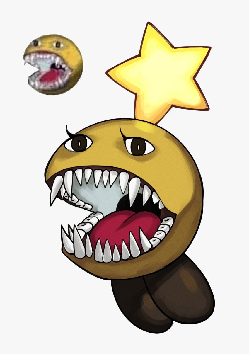 1girl colored_skin cursed_emoji grey_background highres mario_&amp;_luigi_rpg mario_(series) nintendo no_humans open_mouth reference_inset sharp_teeth simple_background solo star_(symbol) starlow teeth tongue yamouri yellow_skin