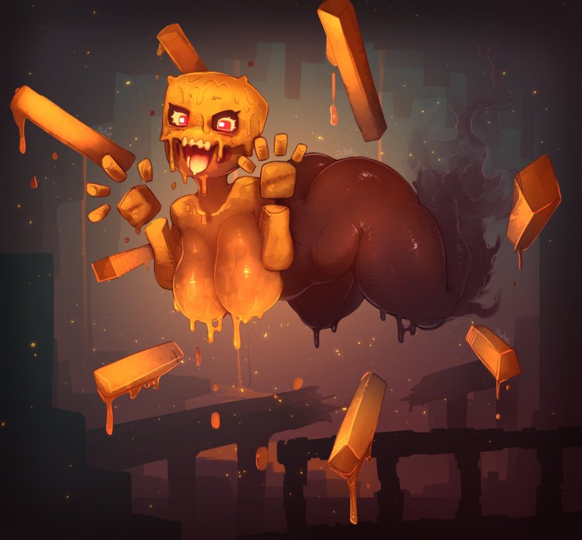 1girl blaze_(minecraft) blaze_rod breasts commentary disembodied_hand dripping english_commentary floating highres justrube large_breasts lava looking_at_viewer minecraft monster_girl open_mouth personification red_eyes ruins solo the_nether_(minecraft) thick_thighs thighs