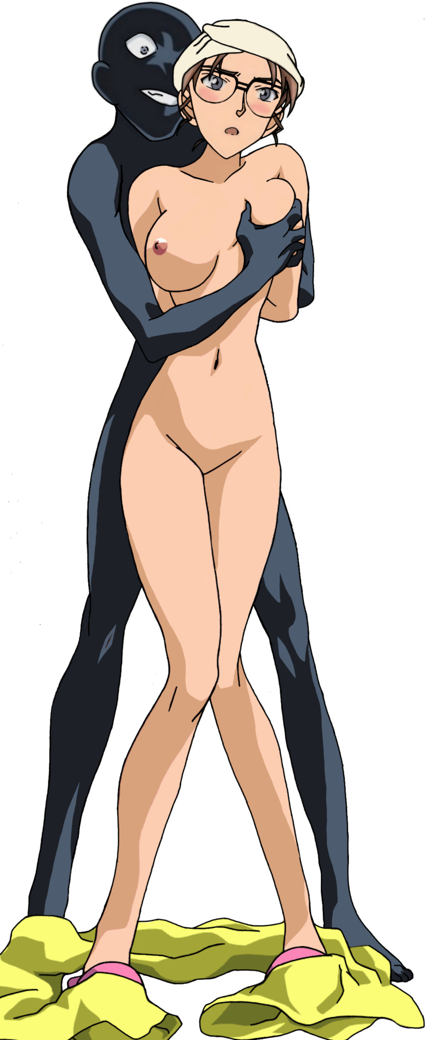 1boy 1girl absurdres arms_behind_back bald blush breasts brown_hair collarbone completely_nude constricted_pupils derivative_work forced full_body glasses grabbing_another&#039;s_breast grabbing_from_behind grey_eyes grin groping hetero highres kisaki_eri knees_together_feet_apart large_breasts lilia_milcrabe long_image looking_at_another mature_female meitantei_conan molestation navel nipples nude open_mouth pink_footwear purple_eyes restrained short_hair silhouette simple_background slippers smile sogna tall_image teeth the_culprit_(meitantei_conan) third-party_edit towel towel_on_head traced viper_(series) viper_f40 white_background wolfpack_(pixiv_46717281)