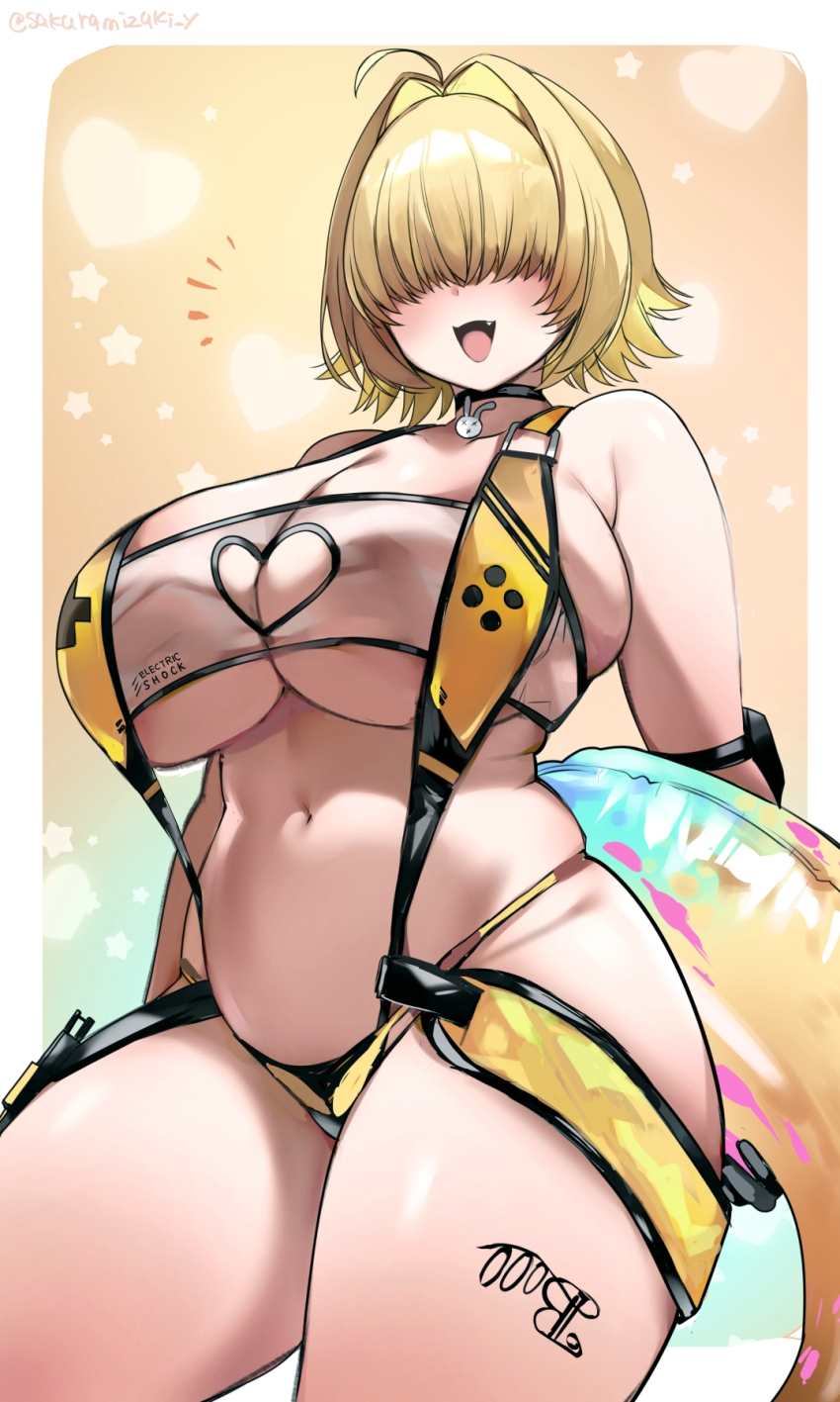 1girl ahoge blonde_hair blush breasts cleavage clothing_cutout elegg_(boom_and_shock)_(nikke) elegg_(nikke) fang goddess_of_victory:_nikke hair_intakes hair_over_eyes heart_cutout highres holding holding_swim_ring huge_breasts innertube large_breasts leg_tattoo long_bangs looking_at_viewer multicolored_hair navel open_mouth plump rabbit_ornament see-through_slingshot_swimsuit short_hair skindentation slingshot_swimsuit smile solo standing swim_ring swimsuit tattoo thighs two-tone_hair underboob urabanasimati yellow_innertube yellow_slingshot_swimsuit