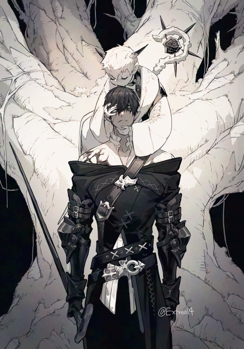 2boys armor belt e-sumi-yan elezen elf final_fantasy final_fantasy_xiv gauntlets gloves greyscale hand_on_another&#039;s_head heterochromia highres holding holding_staff horns in_tree monochrome multiple_belts multiple_boys ogata_tomio original padjal plant pointy_ears robe scar scar_on_face short_hair sitting sitting_in_tree spikes staff tree twitter_username vines warrior_of_light_(ff14) white_mage_(final_fantasy)