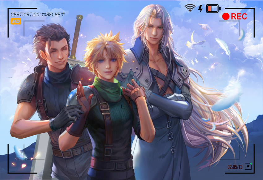3boys armor asymmetrical_gloves belt bird black_coat black_gloves black_hair black_pants blonde_hair blue_eyes blue_sky blue_sweater buster_sword chest_strap closed_eyes cloud cloud_strife cloudy_sky coat commentary cross_scar crossed_arms elbow_gloves english_commentary english_text falling_feathers fan_yang_(jiuge) feathers final_fantasy final_fantasy_vii final_fantasy_vii_remake gloves green_eyes green_scarf grey_hair grin hair_slicked_back hand_on_another&#039;s_wrist hand_up hands_up happy high_collar leather_belt light_particles long_coat long_hair long_sleeves looking_at_another looking_at_viewer male_focus mountainous_horizon multiple_belts multiple_boys open_clothes open_coat pants parted_bangs pauldrons scar scar_on_face scarf sephiroth short_hair shoulder_armor sky sleeveless sleeveless_sweater sleeveless_turtleneck sleeves_rolled_up smile standing suspenders sweater sword sword_on_back turtleneck turtleneck_sweater upper_body very_long_hair viewfinder weapon weapon_on_back white_bird white_feathers wind zack_fair