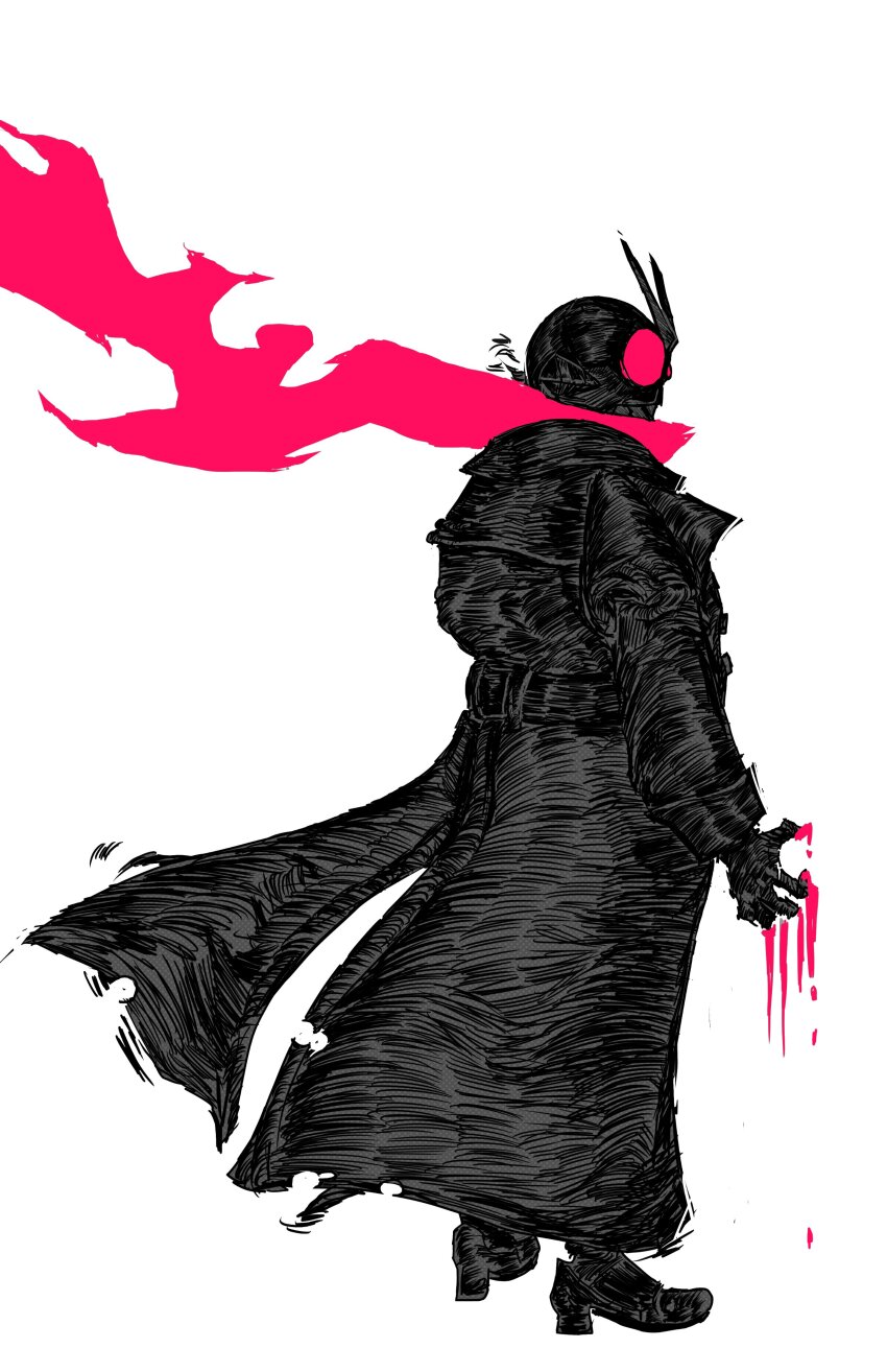 1boy absurdres antennae armor black_boots black_coat blood blood_on_hands boots bug coat commentary compound_eyes english_commentary genc gloves glowing glowing_eyes grasshopper hatching_(texture) helmet highres insect kamen_rider kamen_rider_1 kamen_rider_1_(shin) limited_palette long_scarf looking_back male_focus red_eyes red_scarf scarf shin_japan_heroes_universe shin_kamen_rider solo spot_color tokusatsu trench_coat white_background