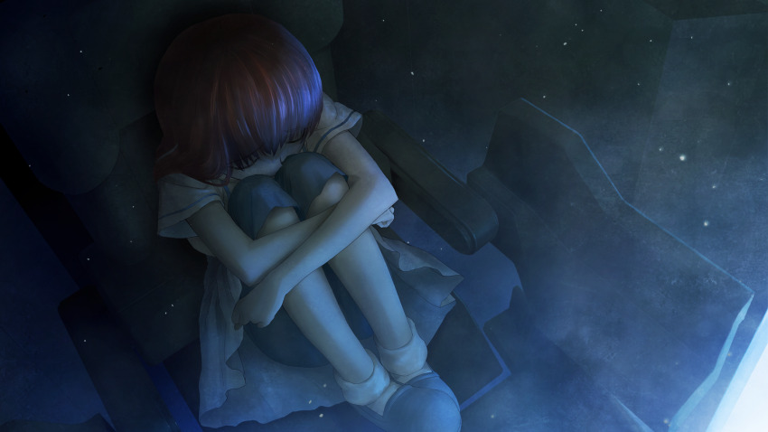 1girl aged_down black_sash blue_dress blue_slippers blue_theme blunt_bangs bow capri_pants child cropped_jacket dress facing_down game_cg glowing green_pants highres hugging_own_legs huke indoors jacket knees_up light_particles long_hair non-web_source official_art pants red_hair ringed_eyes sad sash shiina_kagari short_sleeves sitting slippers solo steins;gate steins;gate_0 waist_bow waist_sash white_jacket