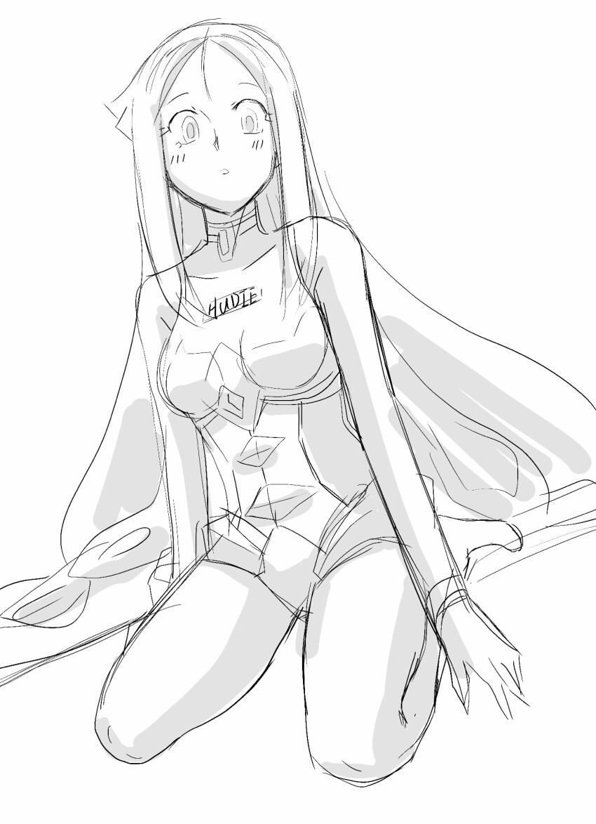 1girl armored_leotard blush breasts digimon digimon_(creature) highres hudiemon kneeling leotard long_hair looking_at_viewer medium_breasts monochrome ph6xeivbgpimggg sketch solo solo_focus thick_thighs thighhighs thighs
