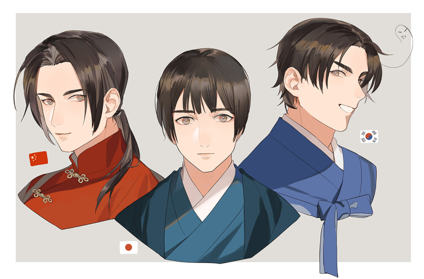 3boys ahoge axis_powers_hetalia blue_kimono border brown_eyes brown_hair changpao china_(hetalia) chinese_clothes chinese_commentary closed_mouth commentary_request grey_background grey_eyes hanbok haori japan_(hetalia) japanese_clothes japanese_flag jingtianruoling kimono korea_(hetalia) korean_clothes long_hair looking_at_viewer low_ponytail male_focus mandarin_collar multiple_boys open_clothes outside_border people&#039;s_republic_of_china_flag ponytail red_shirt shirt short_hair simple_background smile south_korean_flag teeth upper_body white_border