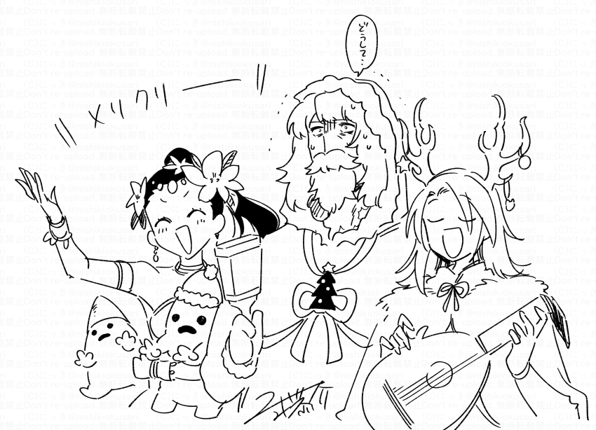 :d ^_^ absurdres arm_up bard_(sekaiju) bard_5_(sekaiju) character_request closed_eyes curse_maker curse_maker_1 etrian_odyssey fake_antlers fake_beard fake_facial_hair fake_mustache flower fur-trimmed_hood fur_trim greyscale hair_flower hair_ornament hat highres holding holding_instrument hood hood_up hooded_robe instrument instrument_request long_hair monochrome nikki_kyousuke open_mouth ponytail robe santa_hat signature simple_background smile translation_request trembling watermark white_background