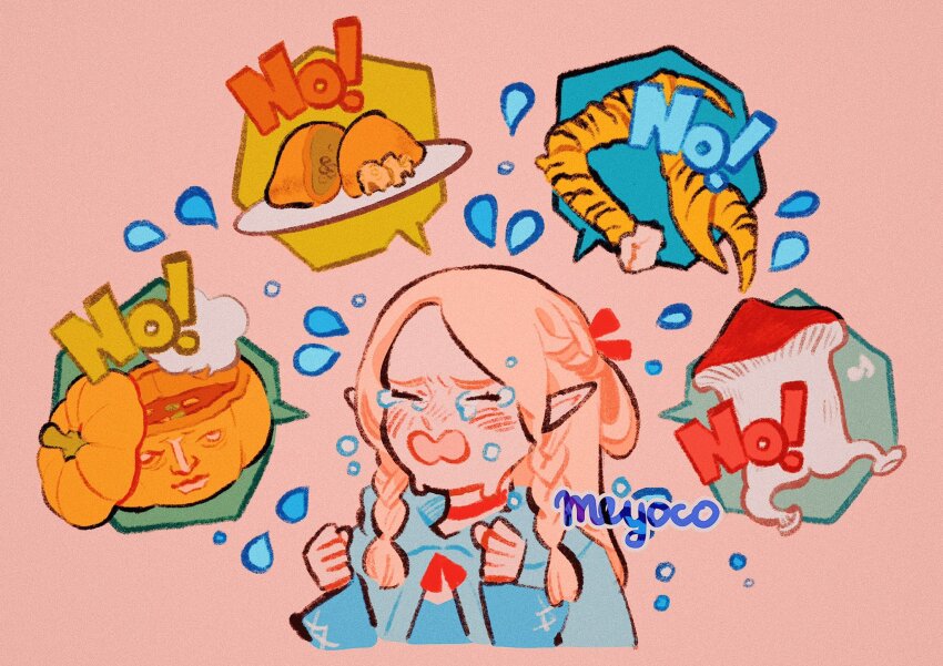 ! 1girl artist_name blush braid closed_eyes cropped_torso crying dungeon_meshi elf english_text food hands_up highres long_hair long_sleeves marcille_donato meyoco mushroom no open_mouth pink_background pink_hair plate pointy_ears pumpkin simple_background solo speech_bubble spoken_food tears twin_braids upper_body