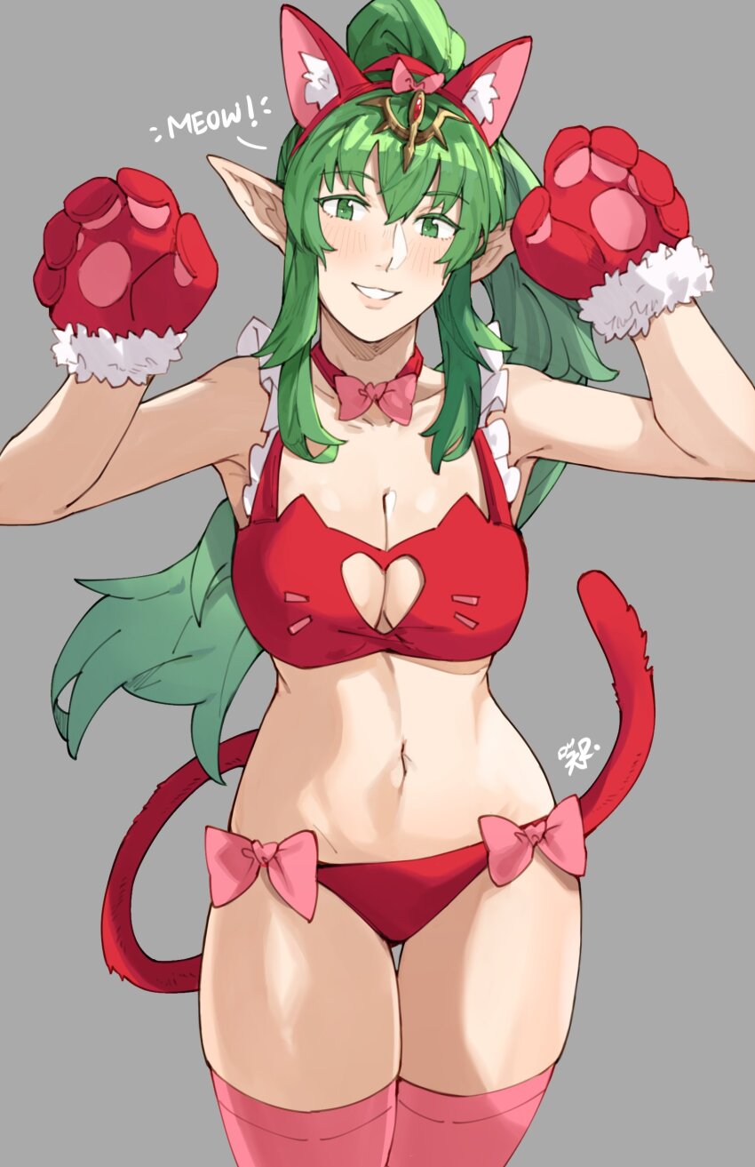 1girl absurdres alternate_costume animal_ears animal_hands bra breasts cat_bra cat_ears cat_paws cat_tail cleavage cleavage_cutout clothing_cutout commentary english_commentary fake_animal_ears fake_tail fire_emblem fire_emblem_awakening green_eyes green_hair grin hair_ribbon highres long_hair looking_at_viewer navel nintendo panties pointy_ears ponytail red_bra red_panties ribbon sakuremi smile solo tail teeth tiara tiki_(adult)_(fire_emblem) tiki_(fire_emblem) underwear very_long_hair