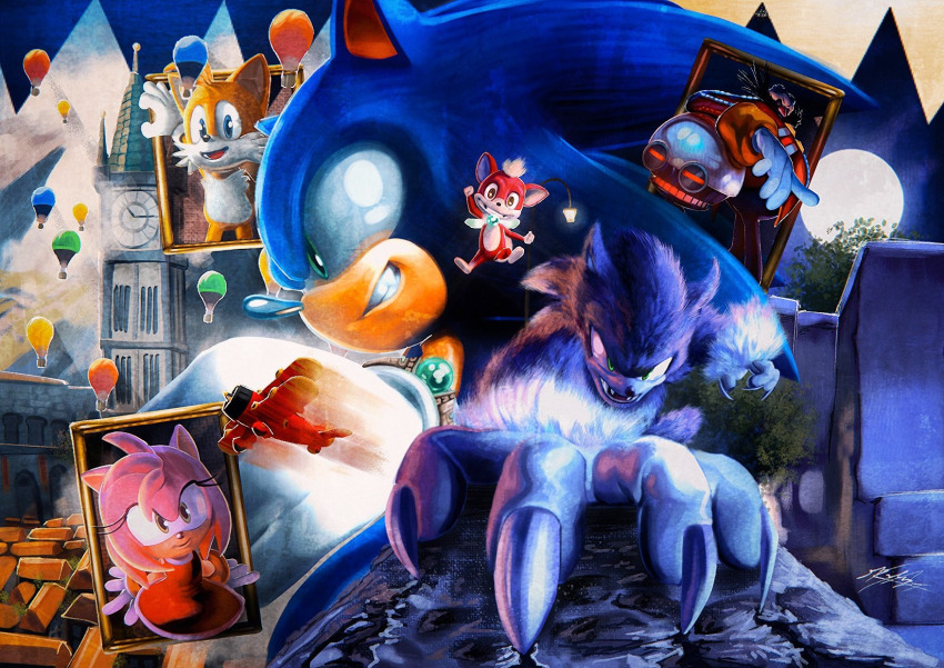 aircraft airplane amy_rose blonde_hair blue_eyes blue_fur blue_hair building chihuahua child chip_(sonic) claws clock clock_tower dr._eggman facial_hair fangs fox green_eyes grin hedgehog highres monster moon mustache night petite pink_fur pink_hair purple_fur purple_hair robot sega smile sonic_(series) sonic_the_hedgehog sonic_the_werehog sonic_unleashed tails_(sonic) tornado_(airplane)_(sonic) tower transformation vermeildx werehog werewolf wings yellow_fur