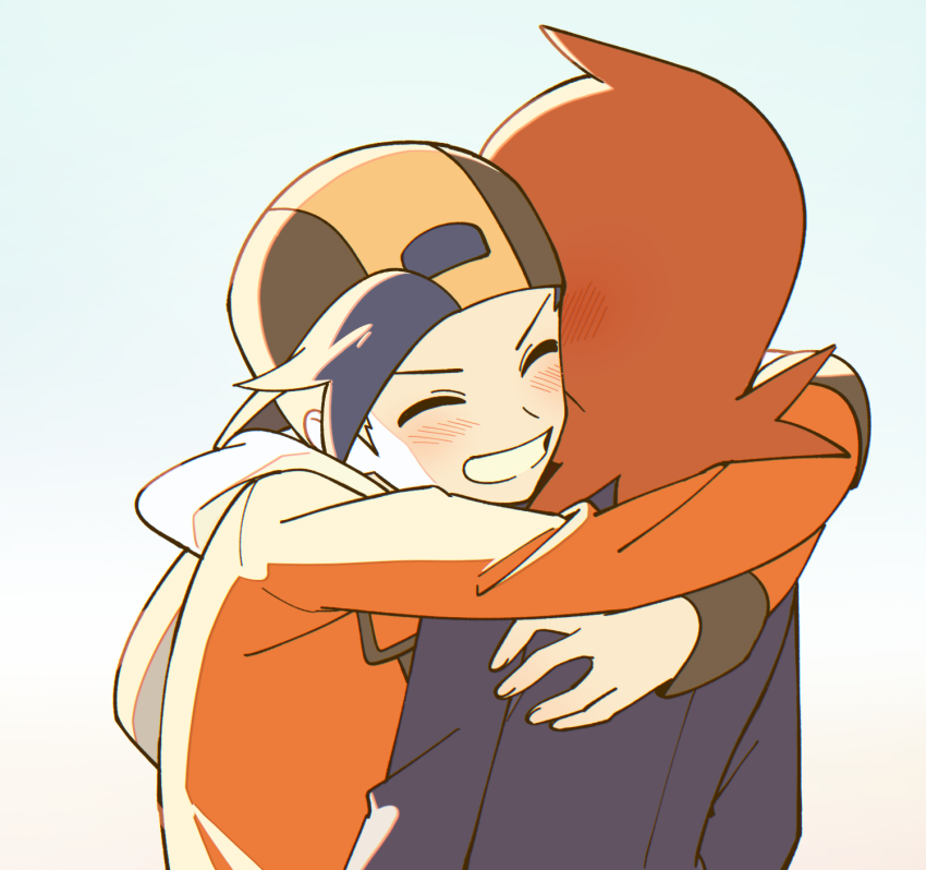 2boys arms_around_neck backwards_hat baseball_cap black_hair black_shirt blush chueog closed_eyes ethan_(pokemon) grin hat highres hood hood_down hooded_jacket hug jacket long_sleeves male_focus multiple_boys nintendo pokemon pokemon_hgss red_hair red_jacket shirt silver_(pokemon) simple_background sleeve_cuffs smile teeth white_background