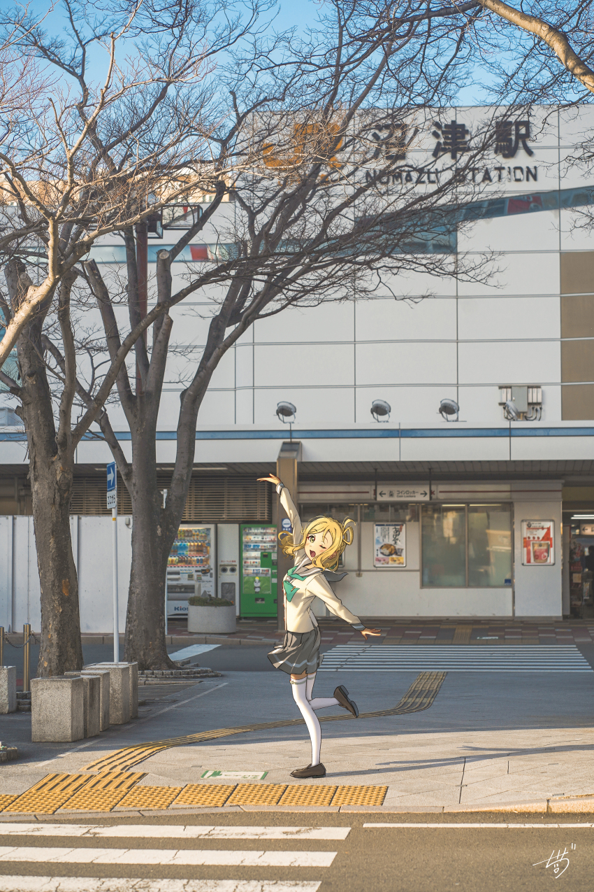 absurdres arm_up blonde_hair blue_sky branch building crosswalk green_necktie highres hotechige loafers long_hair love_live! love_live!_sunshine!! necktie numazu ohara_mari one_eye_closed outdoors photo_background rain realistic sailor_collar scenery school_uniform serafuku shoes sidewalk sign skirt sky socks thighhighs train_station tree uranohoshi_school_uniform window yellow_eyes