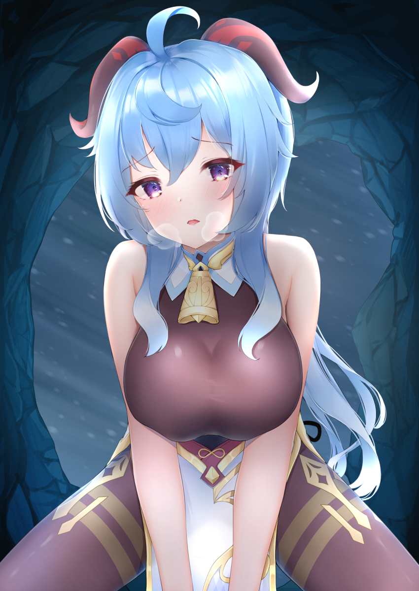 1girl absurdres ahoge bare_arms bell benedia black_legwear blue_hair blush breasts cave commentary_request ganyu_(genshin_impact) genshin_impact gold_trim heavy_breathing highres horns jewelry large_breasts long_hair looking_at_viewer neck_bell open_mouth pov purple_eyes sidelocks sleeveless snow solo thighlet thighs