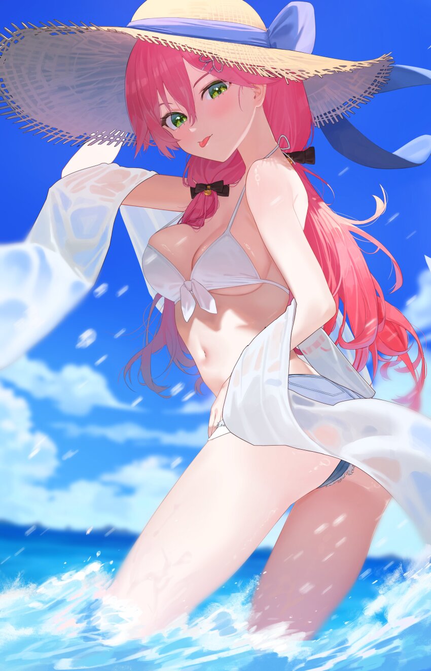 1girl :p absurdres alternate_costume ass bikini bikini_top_only blue_bow blue_shorts blue_sky blush bow breasts cleavage closed_mouth cloud cloudy_sky commentary cutoffs denim denim_shorts feet_out_of_frame flower front-tie_bikini_top front-tie_top green_eyes hair_between_eyes hair_flower hair_ornament hair_ribbon hairclip hand_on_headwear hashtag-only_commentary hat hat_bow highres hololive long_hair looking_at_viewer low_twintails medium_breasts motion_blur ocean official_alternate_hairstyle outdoors pink_hair reachisang ribbon sakura_miko sash short_shorts shorts sky solo standing straw_hat swimsuit tongue tongue_out tress_ribbon twintails virtual_youtuber wading white_bikini white_sash