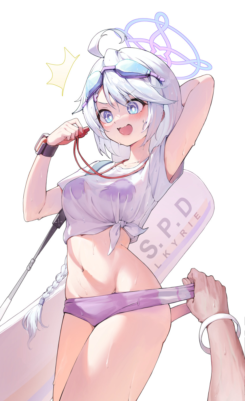 1girl 1other ^^^ absurdres bikini bikini_top_only blue_archive blush breasts buruma buruma_pull clothes_pull commentary_request goggles goggles_on_head halo highres kirino_(blue_archive) kirino_(swimsuit)_(blue_archive) korean_commentary long_braid long_hair medium_breasts multicolored_halo navel official_alternate_costume open_mouth purple_bikini purple_buruma purple_eyes shirt stomach swimsuit thighs tied_shirt two-tone_halo wet wet_clothes wet_shirt whistle whistle_around_neck white_background white_hair white_shirt zonunoll