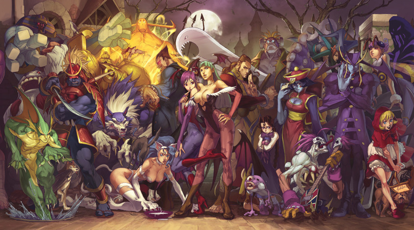 6+boys 6+girls alien anakaris animal_ears animal_hands animal_print anita_(darkstalkers) b.b._hood bare_shoulders bat_print bishamon_(darkstalkers) black_leotard blonde_hair blue_eyes blue_hair blue_legwear breasts brown_hair capcom castle cat_girl cat_paws cat_tail chinese_clothes claws cleavage clothing_cutout cosmic_horror darkstalkers demitri_maximoff demon_girl dog donovan_baine elemental_(creature) energy energy_being everyone felicia_(darkstalkers) fire fire_elemental green_eyes green_hair hat head_wings heart_cutout high_heels highres hsien-ko huitzil_(darkstalkers) jedah_dohma jon_talbain katana large_breasts le_malta leotard lilith_(darkstalkers) lin_lin long_hair looking_at_viewer lord_raptor marionette_(darkstalkers) matching_hair/eyes mei-ling_(darkstalkers) monster monster_boy monster_girl moon morrigan_aensland multiple_boys multiple_girls pantyhose plasma purple_hair purple_legwear pyron q-bee red_eyes red_leotard rikuo_(darkstalkers) robot sasquatch_(darkstalkers) short_hair smile sword tail tarou_(vampire) tree undead vampire victor_von_gerdenheim weapon werewolf wings