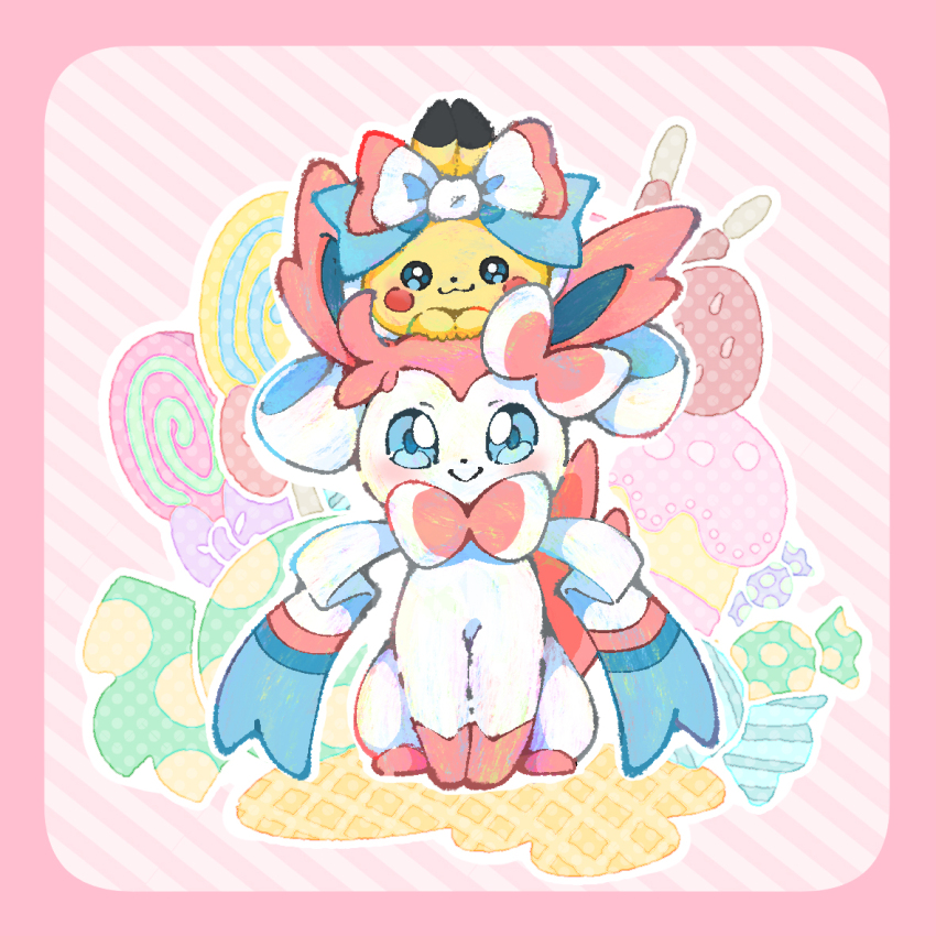 blue_eyes blush border bow candy closed_mouth commentary_request food gen_1_pokemon gen_6_pokemon imomushi_(pixiv_9001433) lollipop looking_at_viewer nintendo no_humans pastel_colors pikachu pink_background pink_border pokemon pokemon_(creature) smile striped_background swirl_lollipop sylveon wrapped_candy
