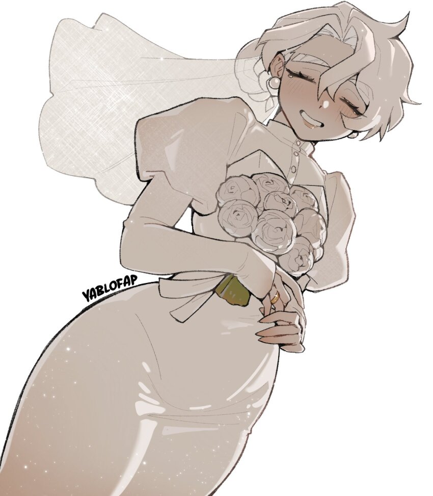 1girl alohapz artist_name bridal_veil bride buttons closed_eyes dress earrings flat_chest flower gold_ring grey_eyes grey_hair hair_between_eyes happy happy_tears highres holding holding_flower jewelry long_sleeves original ring rose short_hair simple_background smile solo sparkle tearing_up tears teeth thighhighs veil wedding_dress wedding_ring white_background white_flower white_rose wide_hips