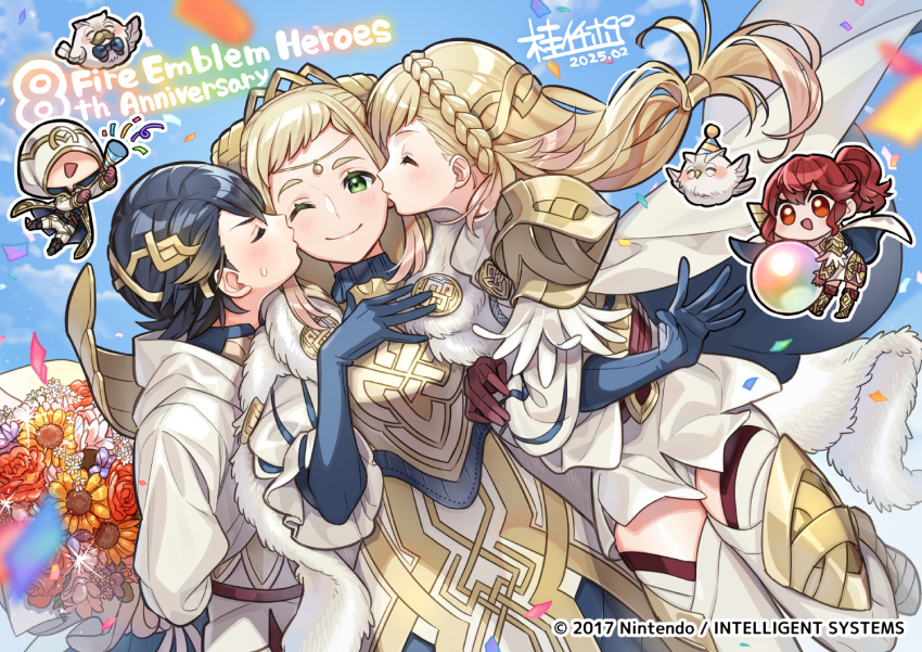 1boy 1other 3girls alfonse_(fire_emblem) anna_(fire_emblem) anniversary bird blonde_hair blue_hair bouquet brother_and_sister chibi chibi_inset closed_eyes dated feh_(fire_emblem_heroes) fehnix fire_emblem fire_emblem_heroes flower gradient_hair henriette_(fire_emblem) holding holding_bouquet hood hooded_coat katsura_ichiho kiran_(fire_emblem) kiss kissing_cheek long_hair mother_and_daughter mother_and_son multicolored_hair multiple_girls nintendo no_eyes one_eye_closed owl party_popper ponytail red_eyes sharena_(fire_emblem) siblings yellow_eyes