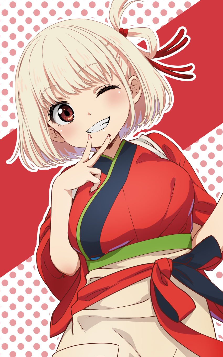 1girl ;d absurdres blonde_hair blush breasts cowboy_shot dutch_angle eyelashes fingernails grin hair_ribbon hand_up happy highres japanese_clothes kimono large_breasts long_sleeves looking_at_viewer lycoris_recoil nishikigi_chisato one_eye_closed one_side_up open_mouth outline polka_dot polka_dot_background red_background red_eyes red_kimono red_ribbon ribbon short_hair simple_background smile solo sukiyaki_(sukiyaki-jp) tareme two-tone_background v v_over_mouth waitress white_background white_outline wide_sleeves