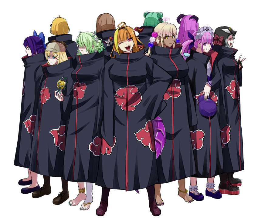 a-chan_(hololive) akatsuki_uniform apple ceres_fauna food fruit golden_apple green_hair highres hitomi_chris hololive hololive_english horns kiryu_coco looking_at_viewer maid_headdress mano_aloe minato_aqua multiple_girls sakamata_chloe takada_sekiyu_(kabu) tsukumo_sana uruha_rushia virtual_youtuber watson_amelia yozora_mel