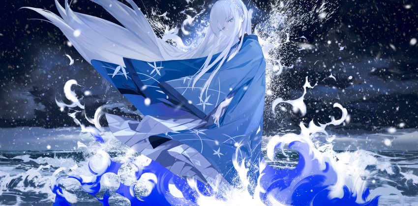 1girl absurdres aritsuno blue_archive blue_haori closed_mouth commentary_request expressionless floating_hair flower grey_eyes hair_flower hair_ornament haori highres japanese_clothes long_hair looking_at_viewer nagusa_(blue_archive) ocean overcast rain sky solo standing very_long_hair waves white_hair