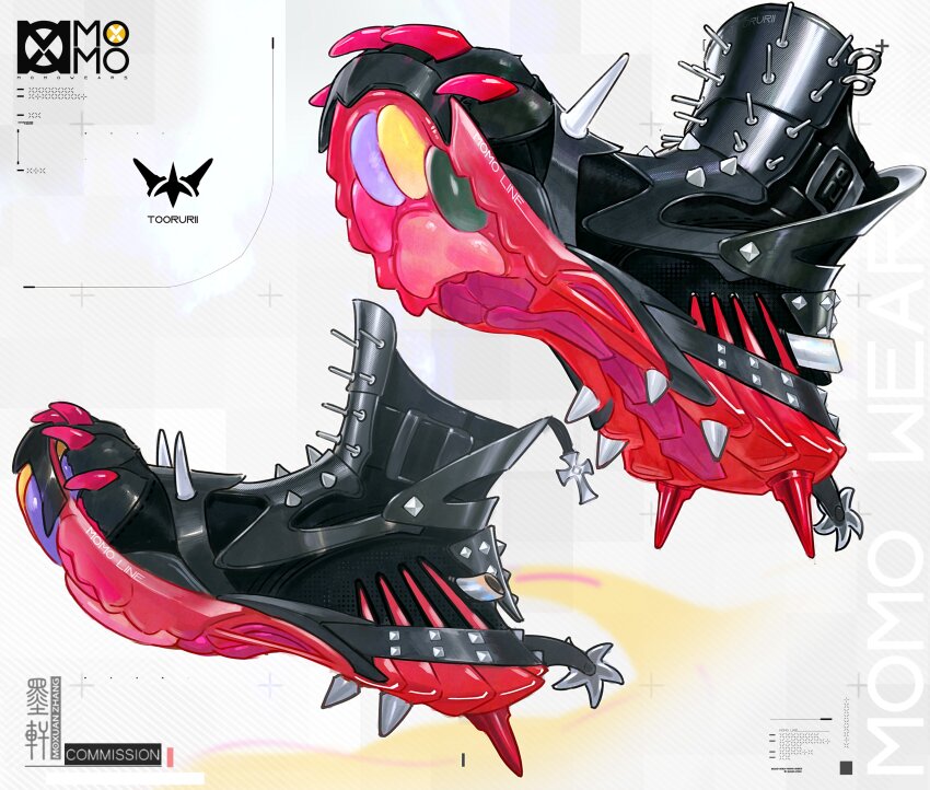 absurdres artist_name black_footwear commission fake_claws highres moxuan_zhang multicolored_footwear no_humans object_focus original paw_shoes red_footwear spiked_footwear spindle spurs still_life white_background