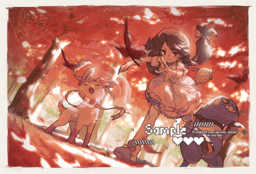 1girl :o autumn_leaves blue_bow blue_shoes border bow brown_eyes brown_hair character_bag commission croagunk disarming_voice_(pokemon) dress full_body gen_4_pokemon gen_6_pokemon gen_7_pokemon hat highres leaf looking_at_viewer nintendo open_mouth outdoors pink_fur pink_hat pokemon pokemon_(creature) ribbon robinlovesop rowlet shoes standing sylveon white_border white_bow white_dress white_fur yellow_eyes