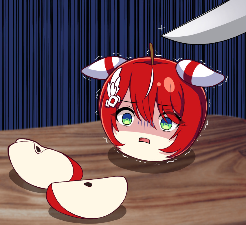 1girl absurdres animal_ears apple bails commentary_request cutting_board empty_eyes food foodification fruit gloom_(expression) hair_between_eyes hair_ornament highres horse_girl knife looking_at_viewer objectification open_mouth red_hair scared shaded_face simple_background solo umamusume what win_variation_(umamusume)