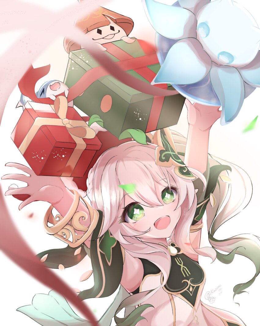 1girl aranara_(genshin_impact) arms_up artist_name box bracelet commentary_request detached_sleeves dress fungi_(genshin_impact) genshin_impact gift gift_box gold_trim gradient_hair green_eyes green_hair green_sleeves hair_between_eyes highres jewelry kosame_no_yui long_hair multicolored_hair nahida_(genshin_impact) open_mouth outstretched_arms pointy_ears side_ponytail sleeveless sleeveless_dress solo star-shaped_pupils star_(symbol) symbol-shaped_pupils white_dress white_hair