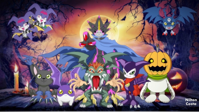 blacktailmon claws digimon digimon_(creature) digimon_ghost_game evilmon gulusgammamon impmon mark_of_evil open_mouth patamon petitmamon picodevimon pumpmon skull smile wings yellow_eyes