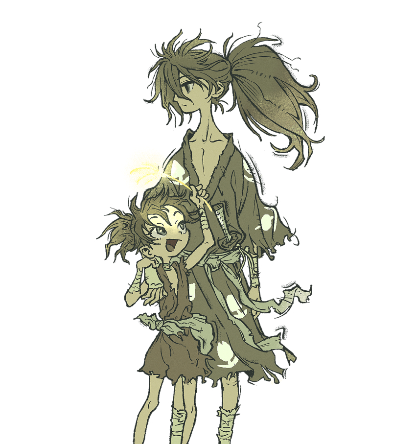 1boy 1girl :d brown_theme closed_mouth dororo_(character) dororo_(tezuka) expressionless feet_out_of_frame hand_on_another&#039;s_shoulder highres hyakkimaru_(dororo) japanese_clothes jowagoni katana kimono long_hair looking_at_another looking_back monochrome open_mouth ponytail sash short_hair simple_background sleeveless sleeveless_kimono smile standing sword torn_clothes torn_kimono weapon wheat white_background wrist_wrap