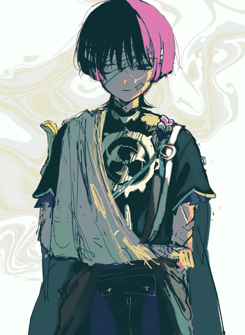 1boy alternate_hair_color arm_at_side arm_sling bandage_over_one_eye bandaged_head bandages black_bodysuit black_eyes black_hair black_sleeves bodysuit ce5_ez closed_mouth cracked_skin empty_eyes frilled_sleeves frills furisode genshin_impact gold grey_sleeves highres injury japanese_clothes jewelry kimono layered_sleeves light_smile looking_at_viewer male_focus mandarin_collar mitsudomoe_(shape) multicolored_hair neck_ring pink_hair purple_rope red_sash rope sash scaramouche_(genshin_impact) shimenawa short_sleeves sidelighting single_sode solo straight-on streaked_hair tomoe_(symbol) tsurime upper_body white_rope