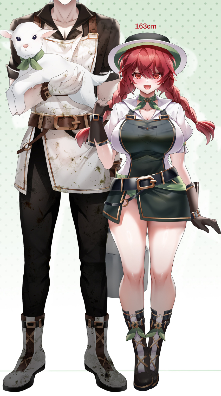 1boy 1girl absurdres alternate_costume blush braid breasts brown_gloves ciel_(elsword) cleavage collarbone elesis_(elsword) elsword fang farmer full_body gloves hair_between_eyes height_difference highres large_breasts long_hair low_twin_braids overalls red_eyes red_hair rourou_(been) twin_braids very_long_hair