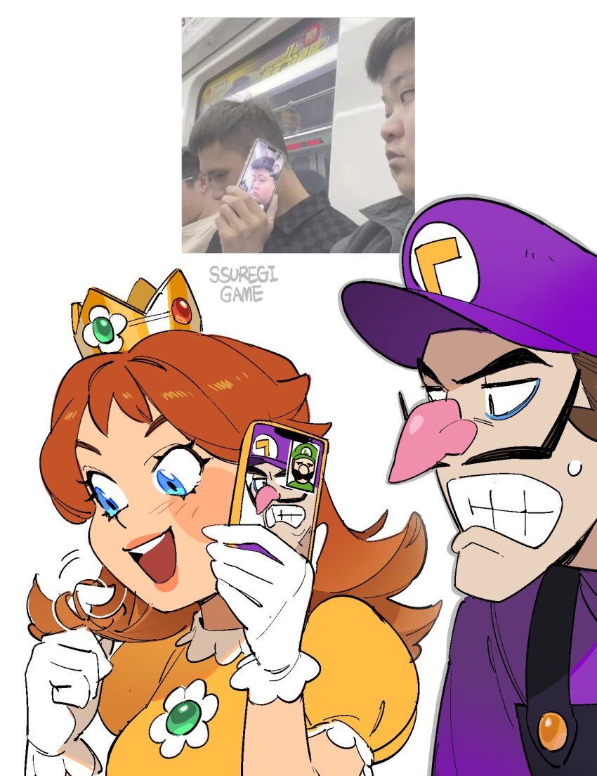 1boy 1girl blue_eyes brown_hair crown dress facial_hair flipped_hair flower_brooch gloves hat highres long_hair luigi mario_(series) mini_crown mustache nintendo open_mouth photo-referenced photo_inset princess_daisy puffy_sleeves purple_hat purple_shirt reference_inset shirt short_sleeves ssuregigame talking_on_phone video_call waluigi white_gloves