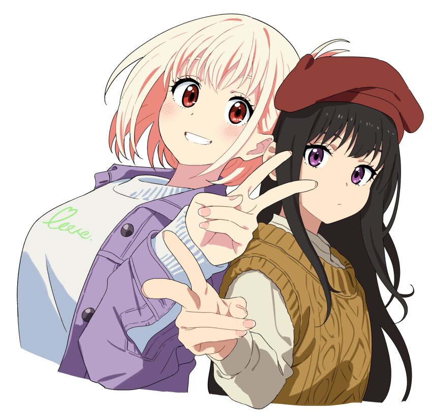 2girls absurdres asdf_4532 back-to-back black_hair blonde_hair blush bob_cut brown_shirt brown_sweater_vest closed_mouth fingernails grey_jacket grin hat highres inoue_takina jacket long_hair long_sleeves looking_at_viewer lycoris_recoil multiple_girls nishikigi_chisato one_side_up purple_eyes red_eyes red_hat shirt short_hair simple_background smile sweater sweater_vest v white_background white_sweater