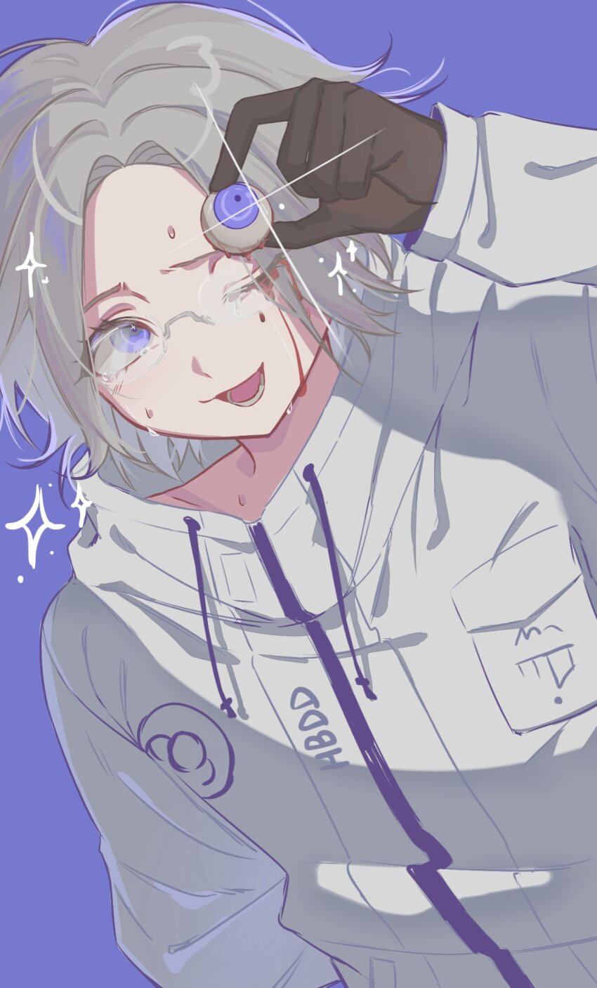 1boy aotsuki_eito black_gloves blood bloody_tears breast_pocket commentary drawstring english_commentary floresnowy glasses gloves grey_hair highres holding_eyeball jacket lower_teeth_only male_focus pocket purple_background purple_eyes short_hair simple_background smile solo sparkle teeth the_hundred_line_-last_defense_academy- upper_body white_jacket