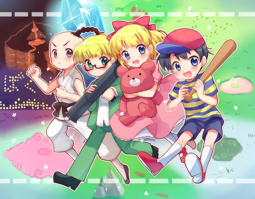 1girl 3boys :d baseball_bat baseball_cap black_hair blonde_hair blue_eyes blue_shirt blue_shorts blush bow closed_mouth commentary_request crystal dougi dress full_body glasses grass green_eyes green_jacket green_pants hair_bow hat highres holding holding_baseball_bat jacket jeff_andonuts looking_at_viewer mother_(series) mother_2 multiple_boys ness_(mother_2) nintendo open_mouth pants pantyhose paula_(mother_2) pink_dress poo_(mother_2) rectangular_eyewear red_bow red_hat semi-rimless_eyewear shirt short_hair shorts smile socks striped_clothes striped_shirt stuffed_animal stuffed_toy teddy_bear under-rim_eyewear volcano white_pants white_pantyhose xox_xxxxxx yellow_shirt