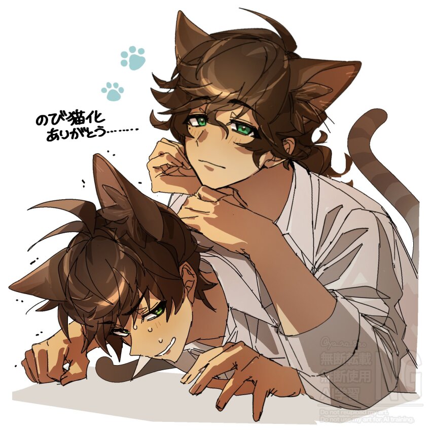 2boys animal_ears animal_hands axis_powers_hetalia brown_hair cat_boy cat_ears cat_paws cat_tail green_eyes highres kemonomimi_mode male_focus medium_hair mole mole_under_eye multiple_boys portugal_(hetalia) shirt short_hair spain_(hetalia) sweatdrop tail wavy_hair white_shirt ya_no_8no