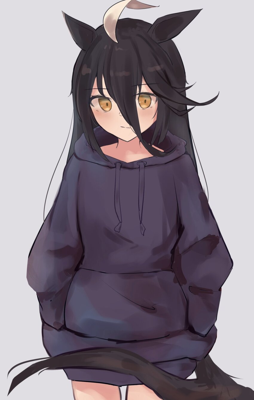 1girl ahoge animal_ears black_hair black_hoodie blush hands_in_pockets highres hood hoodie horse_ears horse_girl horse_tail izi_dw light_smile long_bangs long_hair long_sleeves looking_at_viewer manhattan_cafe_(umamusume) multicolored_hair no_pants simple_background solo tail thighs umamusume white_background white_hair yellow_eyes